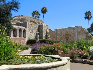 Old Stone Church and Statue of Father Junipero Serra.